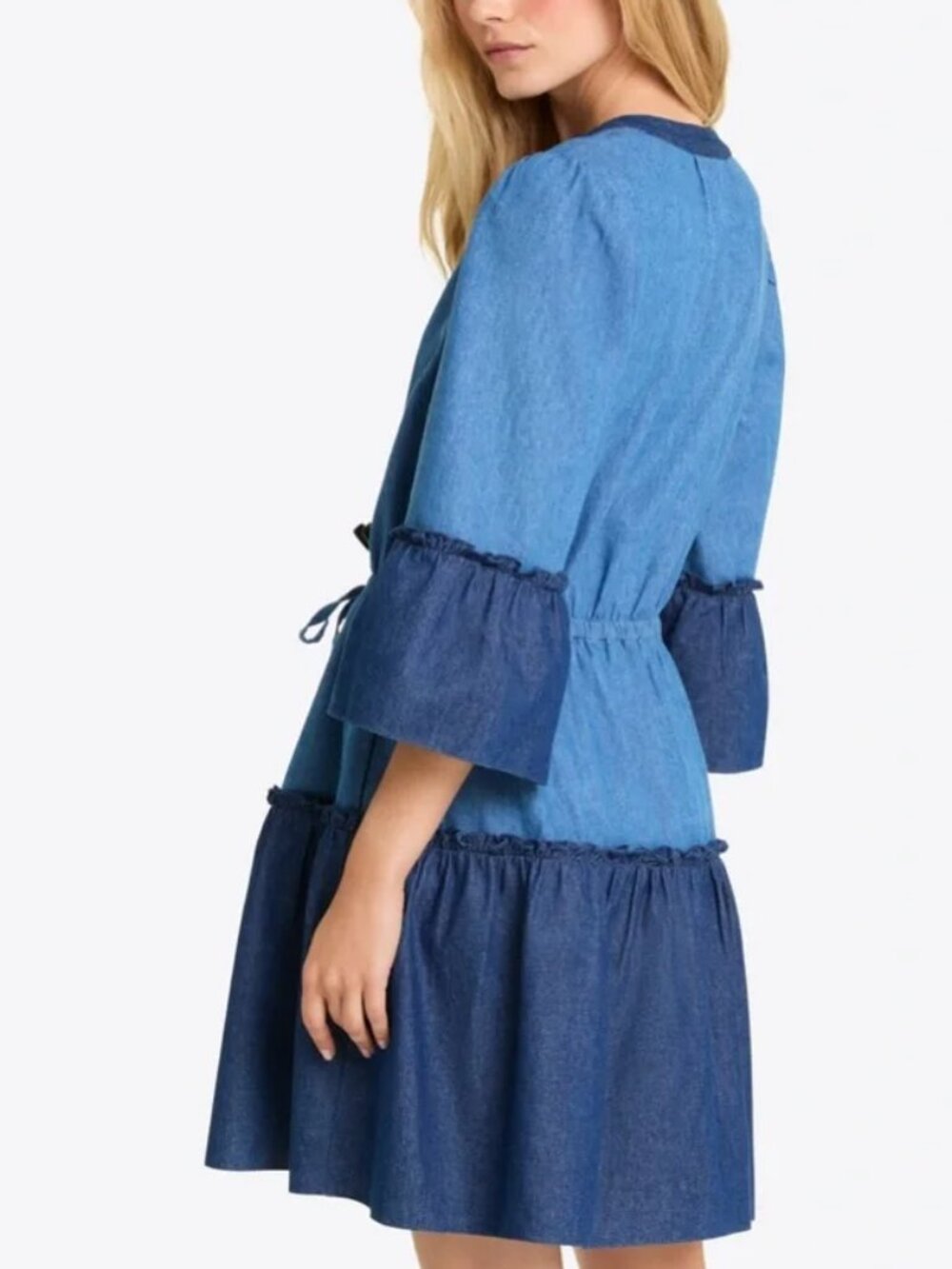 NWT Draper James Avery Shirtdress Chambray Medium Wash Bell Sleeve Tie Waist XS - Picture 3 of 5